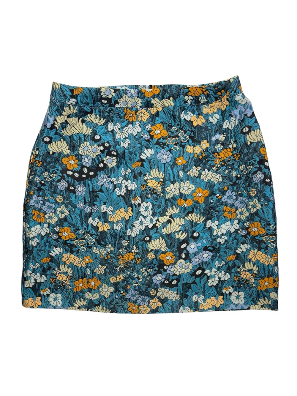 Vero Moda Jacquard Floral Mini Skirt XS Blue Gold High Waist Ring Zip